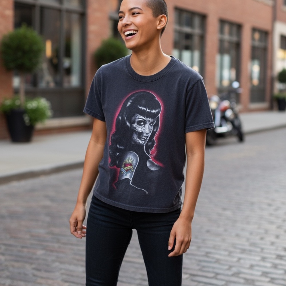 Womens Sugar Skull Pinup Graphic Tee Faded Black Rockabilly T-Shirt